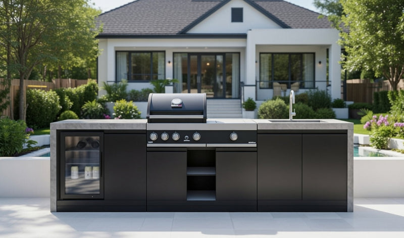 GrandPro Outdoor Kitchen with 3 Burner BBQ, Side Burner, Fridge, Sink and WaterFall - 3m
