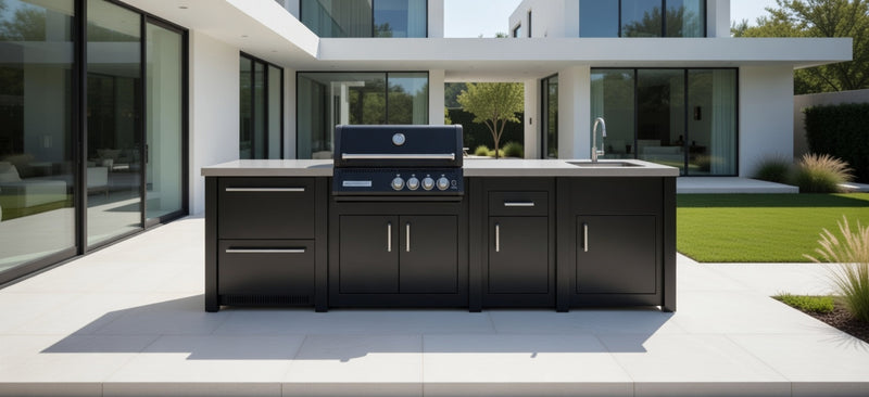 Grandpro by Stoll Aluminum Outdoor Kitchen Graphite, Black Crossray Sink, and Double Drawer Fridge | 3M