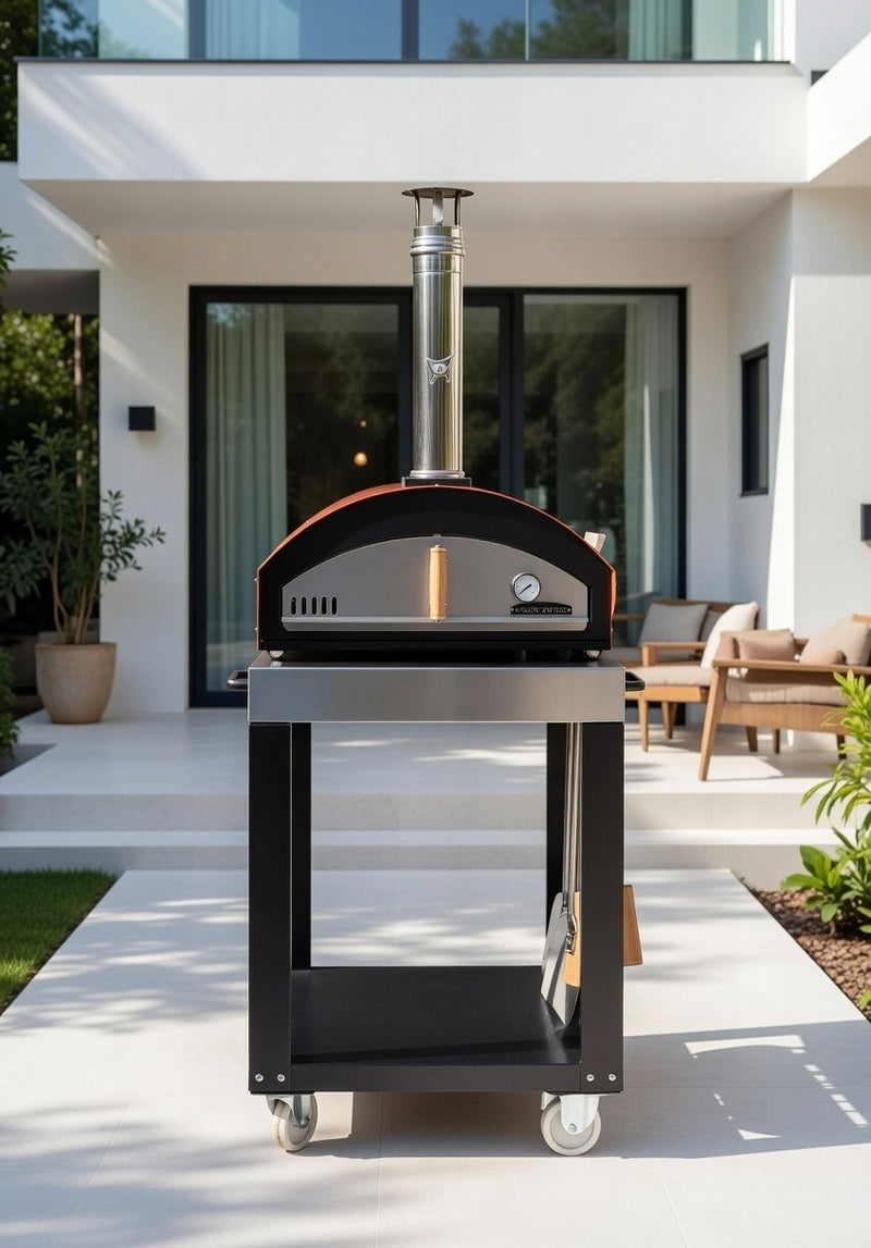 Rossofuoco MINO Outdoor wood-fired oven 70 x 48 cm with direct combustion - Orange Plus cart and accessories