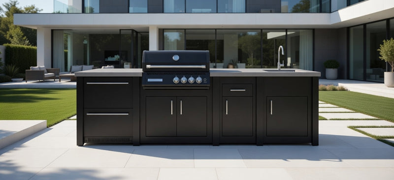 Grandpro by Stoll Aluminum Outdoor Kitchen Graphite, Black Crossray Sink, and Double Drawer Fridge | 3M