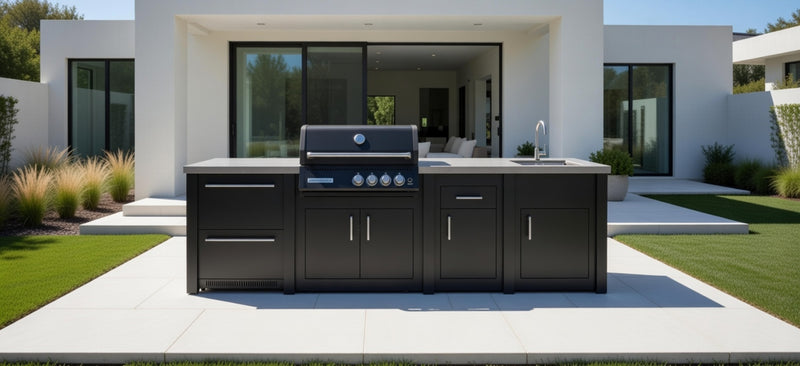Grandpro by Stoll Aluminum Outdoor Kitchen Graphite, Black Crossray Sink, and Double Drawer Fridge | 3M