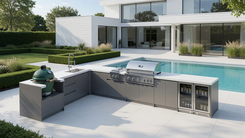 Whistler Fairford Grey L-Shaped Outdoor Kitchen with Burford 5-Burner BBQ | Dimensions 3.1m x 5.1m