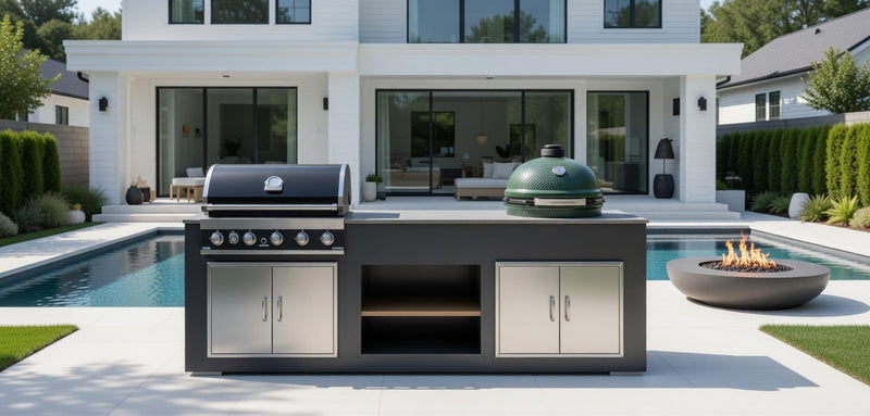 Grillandia Outdoor Kitchen Paired with Grandpro 5 Burner Gas BBQ, and XL Green Egg | 3.2M