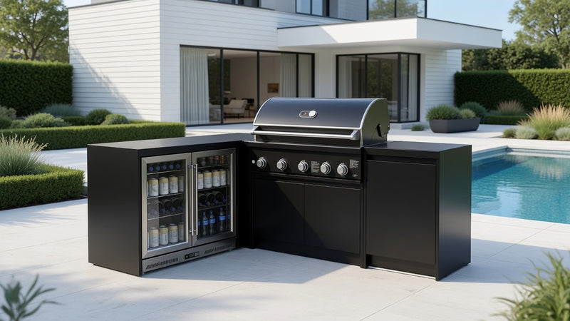 Whistler Fairford L-Shaped Black Outdoor Kitchen with Burford 5-Burner BBQ | Dimensions 2.2m x 1.7m
