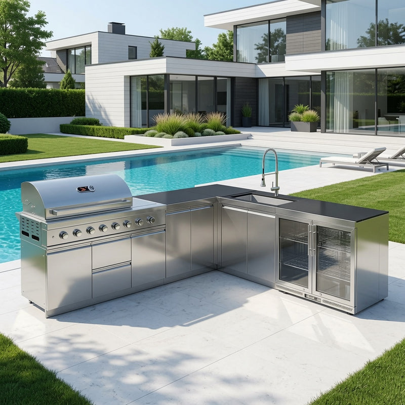 Whistler Grills Marlborough 6-Burner Kitchen with Double Door Fridge, Sink and Corner Unit - Stainless Steel 2.9 x 2.3Meters