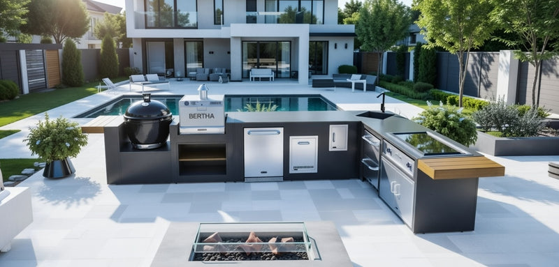 Grillandia Outdoor Kitchen L-Shape Drop-In Electric Plancha, Sink, Berta Multi Oven,Fridge, and  Primo XL