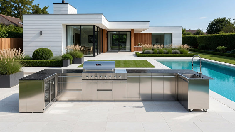Whistler Grills Malmesbury 6-Burner Kitchen with Double Door Fridge, Sink and Corner Units - Stainless Steel 1.5m x 5m x 1.5m
