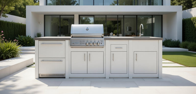 Grandpro by Stoll Aluminum Outdoor Kitchen Crossray Green Egg, Sink, and Double Drawer Fridge