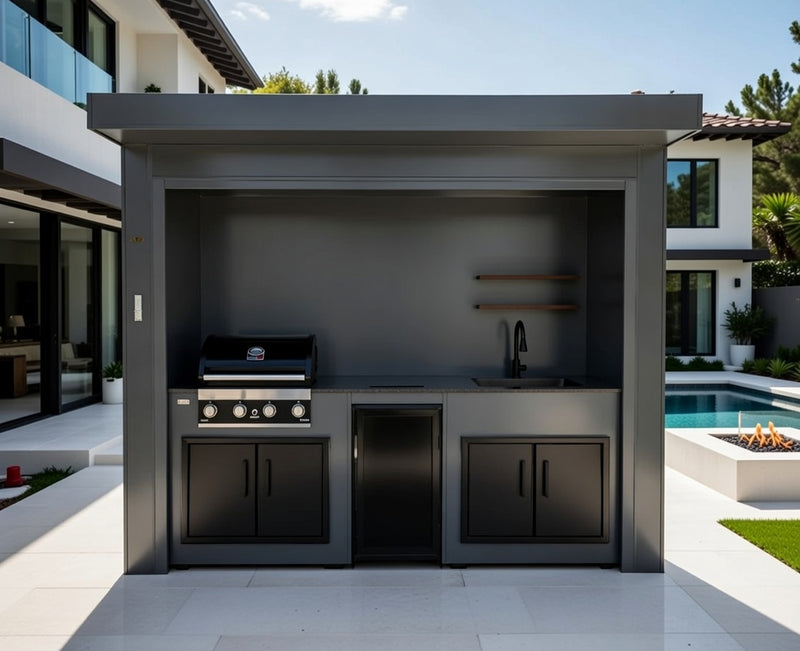 Grillandia Outdoor Kitchen Roll Cabana Gas BBQ, Fridge, and Sink  | 2.9M