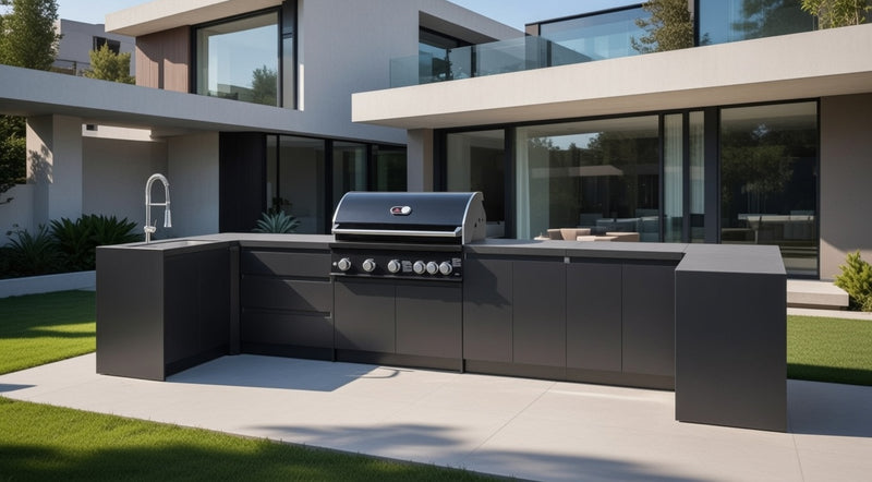 Whistler Fairford Black Outdoor Kitchen with Burford 5-Burner BBQ | Dimensions 1.5m x 4.8m x 1.6m