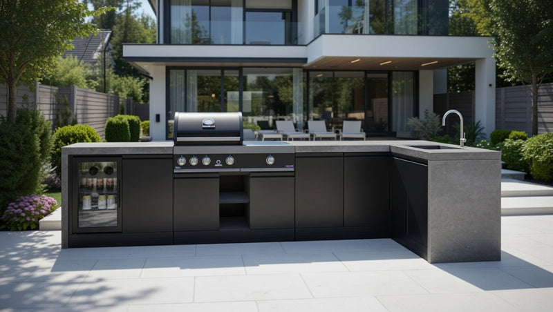 GrandPro Outdoor Kitchen with 3 Burner BBQ, Side Burner, Fridge, Sink and Water Fall - 3.6m x 1.5m