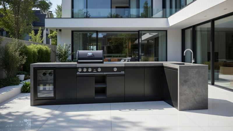 GrandPro Outdoor Kitchen with 3 Burner BBQ, Side Burner, Fridge, Sink and Water Fall - 3.6m x 1.5m