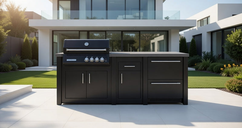 Grandpro by Stoll Aluminum Outdoor Kitchen Graphite Black Crossray and Double Drawer Fridge | 2.3M
