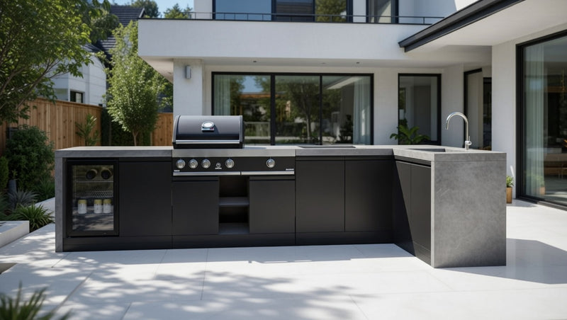 GrandPro Outdoor Kitchen with 3 Burner BBQ, Side Burner, Fridge, Sink and Water Fall - 3.6m x 1.5m