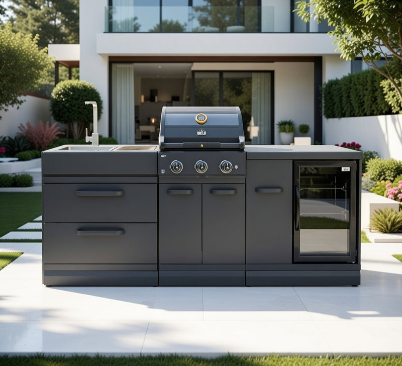 GRLLR Outdoor Kitchen Sink 3 Burner and Fridge | Full length 2.3M