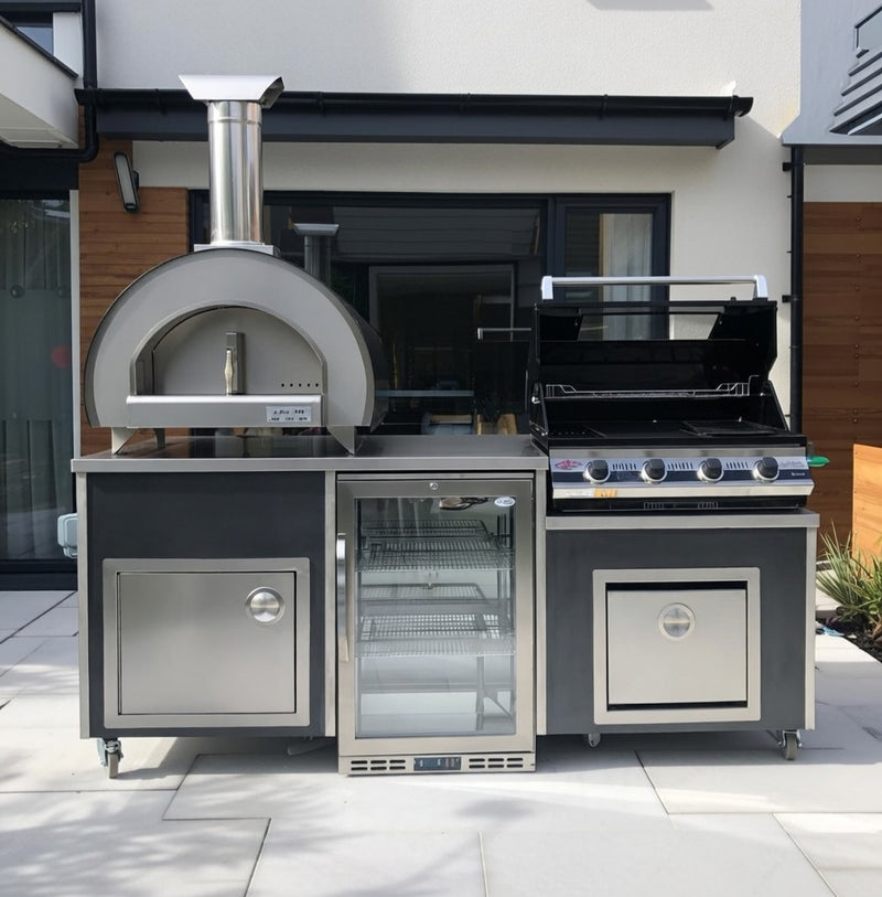 Beefeater 1200E Built-In 4 Burner Gas BBQ Outdoor Kitchen, Piccolo Pizza Oven and Fridge