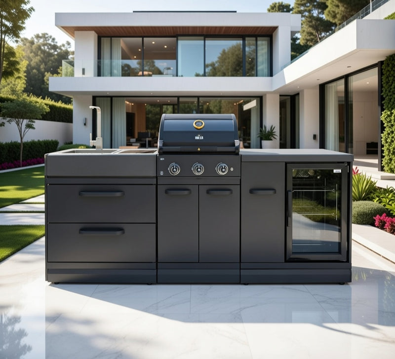 GRLLR Outdoor Kitchen Sink 3 Burner and Fridge | Full length 2.3M