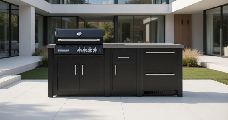 Grandpro by Stoll Aluminum Outdoor Kitchen Graphite Black Crossray and Double Drawer Fridge | 2.3M