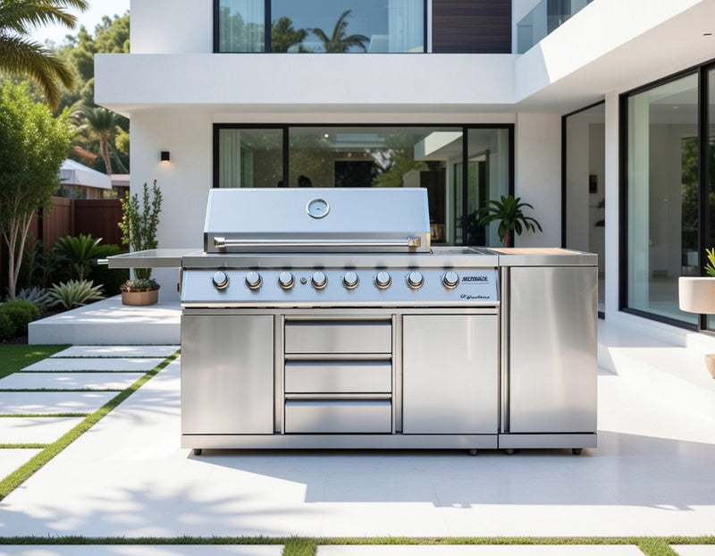 Outback Signature II 6 Burner Hybrid – Stainless Steel and Gas Bottle Cabinet