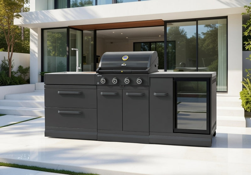 GRLLR Outdoor Kitchen 4 Burner Fridge and Sink | Full length 2.5M