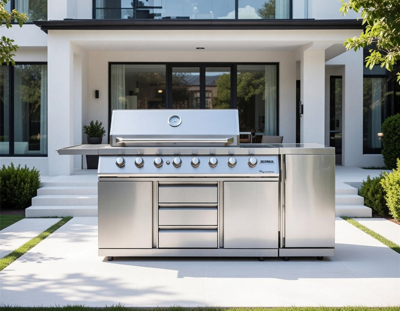 Outback Signature II 6 Burner Hybrid – Stainless Steel and Gas Bottle Cabinet