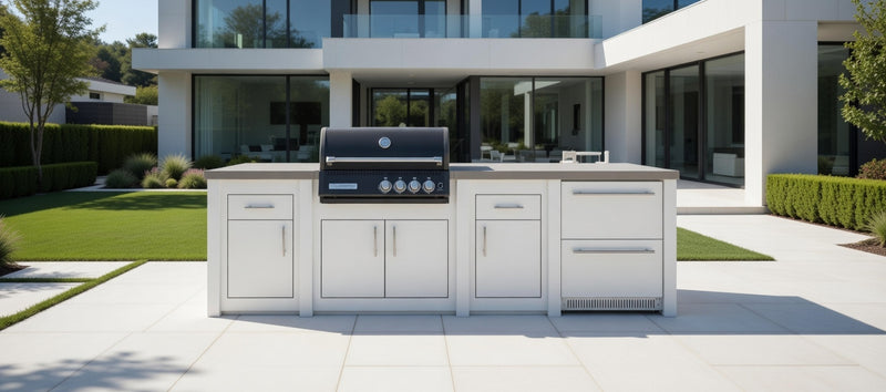 Grandpro by Stoll Aluminum Outdoor Kitchen White, Black Crossray, and Double Drawer Fridge | 3M