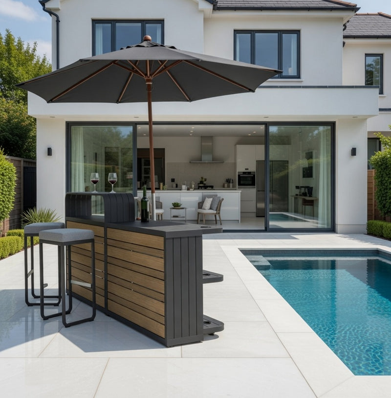 Luxurious Air Anthracite/Wood Outdoor Bar, 2.2M Made of Aluminium, Modular System for Private and Commercial Use