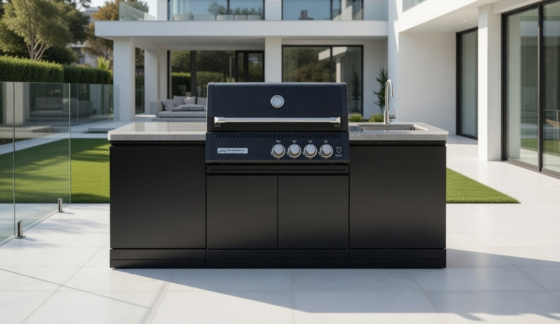 GrandPro Outdoor Kitchen with Black CrossRay 4 Burner BBQ, and Sink - 2.2m