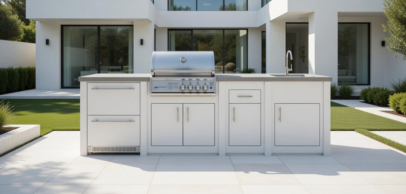 Grandpro by Stoll Aluminum Outdoor Kitchen Crossray Green Egg, Sink, and Double Drawer Fridge