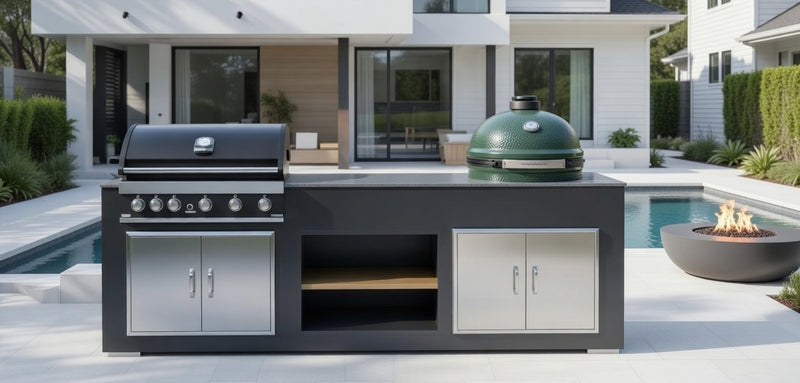Grillandia Outdoor Kitchen Paired with Grandpro 5 Burner Gas BBQ, and XL Green Egg | 3.2M