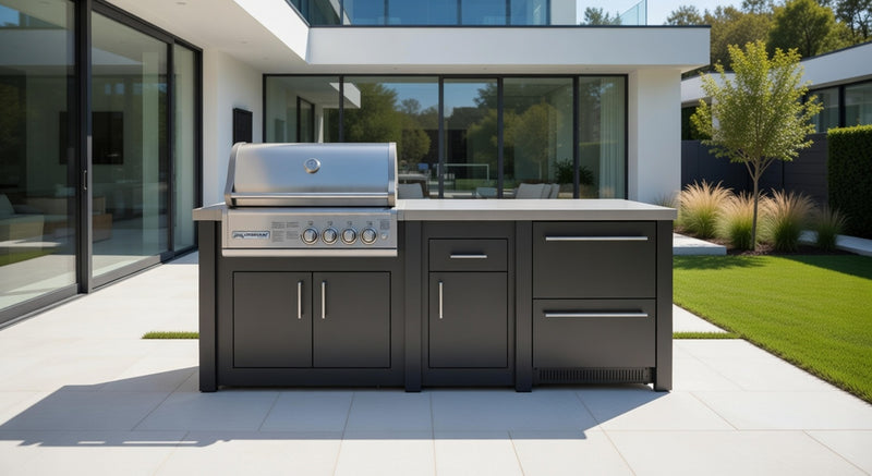 Grandpro by Stoll Aluminum Outdoor Kitchen Graphite Crossray and Double Drawer Fridge | 2.3M