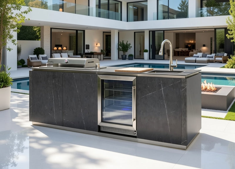 Buschbeck Derby Outdoor Kitchen – Grey Marbled Ceramic Finish 2.6M Plus Weather Protection Cover