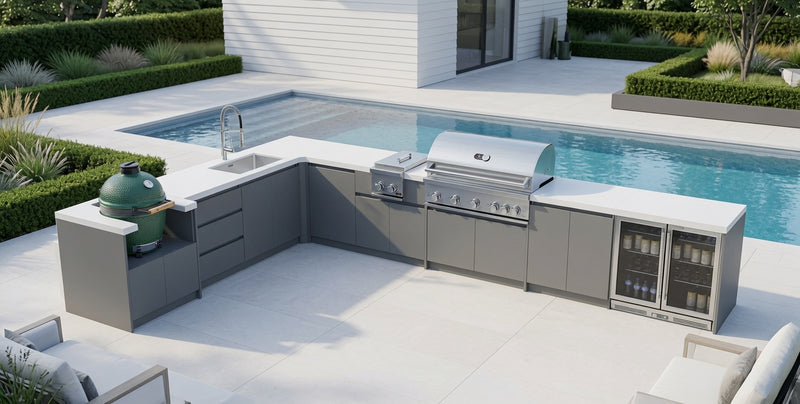 Whistler Fairford Grey L-Shaped Outdoor Kitchen with Burford 5-Burner BBQ | Dimensions 3.1m x 5.1m