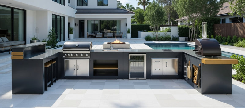 Grillandia Outdoor kitchen U shape, Big Green Egg and Entertainment Center | 3M x 5M X 3M