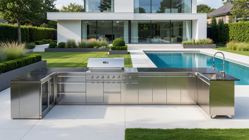 Whistler Grills Malmesbury 6-Burner Kitchen with Double Door Fridge, Sink and Corner Units - Stainless Steel 1.5m x 5m x 1.5m