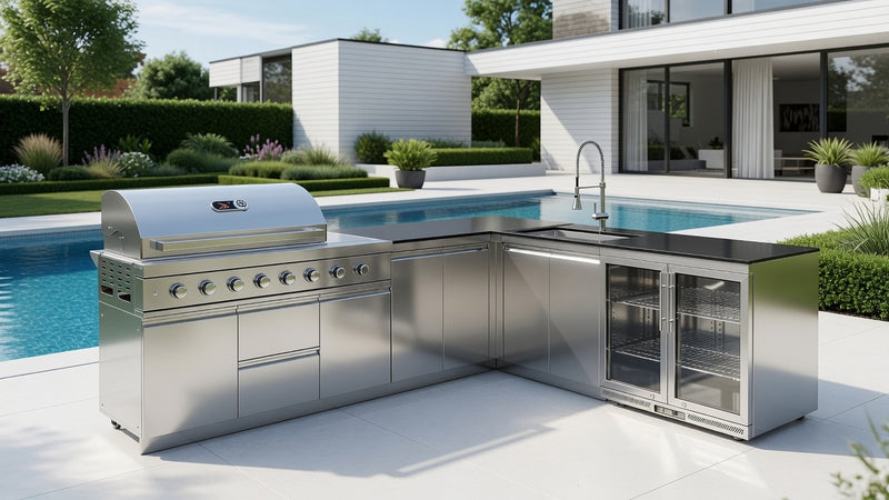 Whistler Grills Marlborough 6-Burner Kitchen with Double Door Fridge, Sink and Corner Unit - Stainless Steel 2.9 x 2.3Meters