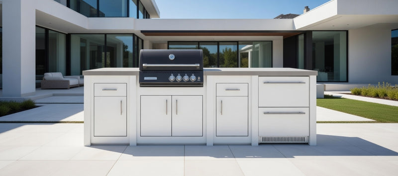 Grandpro by Stoll Aluminum Outdoor Kitchen White, Black Crossray, and Double Drawer Fridge | 3M