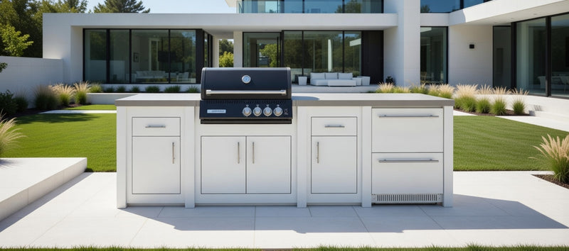 Grandpro by Stoll Aluminum Outdoor Kitchen White, Black Crossray, and Double Drawer Fridge | 3M