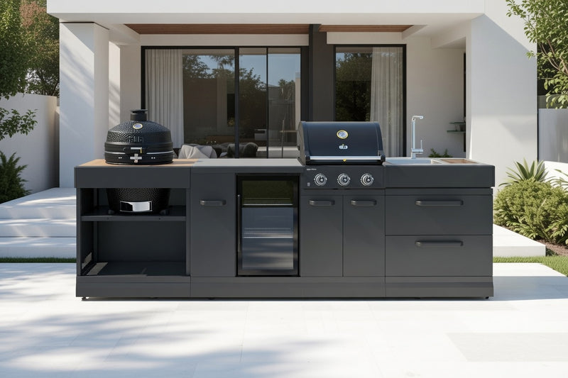 GRLLR Outdoor Kitchen 3 Burner BBQ, Fridge, Sink and Kamado | Full length 3.1M