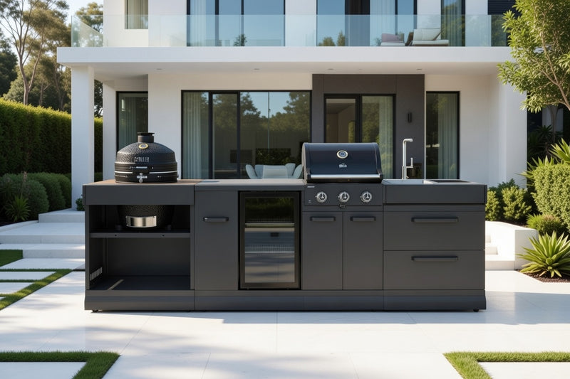 GRLLR Outdoor Kitchen 3 Burner BBQ, Fridge, Sink and Kamado | Full length 3.1M