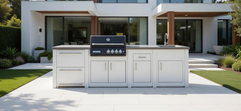 Grandpro by Stoll Aluminum Outdoor Kitchen White, Black Crossray Sink, and Double Drawer Fridge | 3M