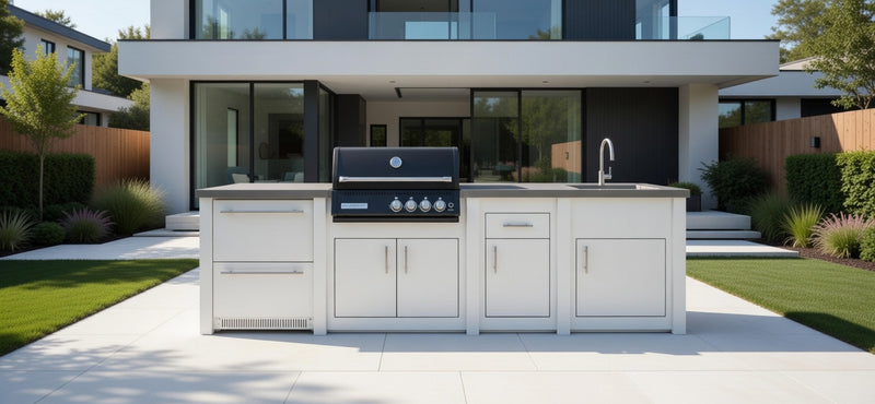 Grandpro by Stoll Aluminum Outdoor Kitchen White, Black Crossray Sink, and Double Drawer Fridge | 3M