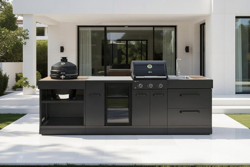 GRLLR Outdoor Kitchen 3 Burner BBQ, Fridge, Sink and Kamado | Full length 3.1M