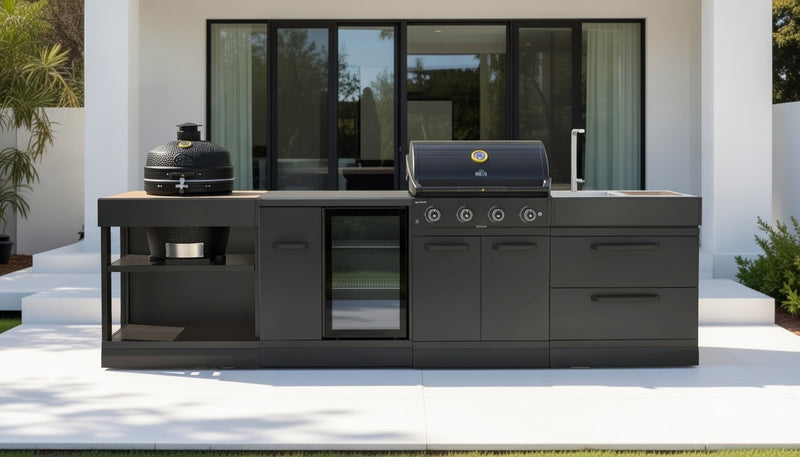 GRLLR Outdoor Kitchen 4 Burner BBQ, Fridge, Sink and Kamado | Full length 3.2M