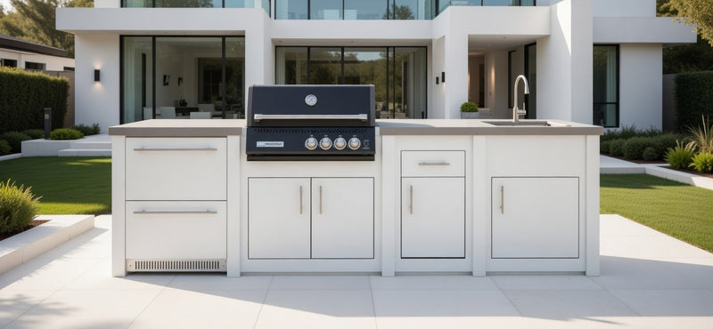 Grandpro by Stoll Aluminum Outdoor Kitchen White, Black Crossray Sink, and Double Drawer Fridge | 3M