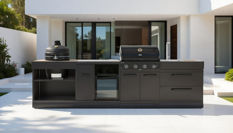 GRLLR Outdoor Kitchen 4 Burner BBQ, Fridge, Sink and Kamado | Full length 3.2M