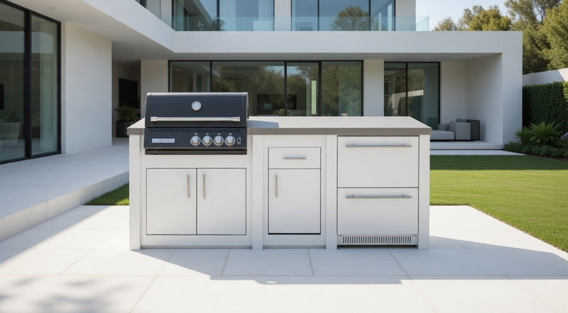 Grandpro by Stoll Aluminum Outdoor Kitchen White, Black Crossray and Double Drawer Fridge | 2.5M