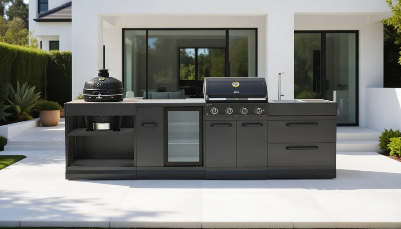 GRLLR Outdoor Kitchen 4 Burner BBQ, Fridge, Sink and Kamado | Full length 3.2M