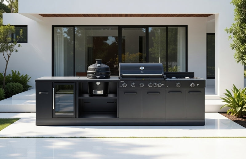 GRLLR Outdoor Kitchen 5 Burner BBQ, Stove unit,Fridge, and Kamado | Full length 3.5M