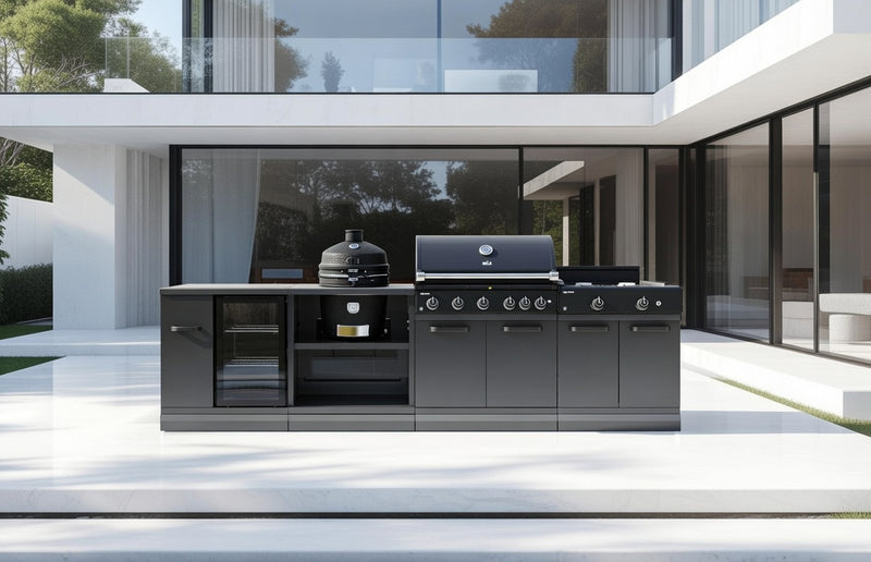 GRLLR Outdoor Kitchen 5 Burner BBQ, Stove unit,Fridge, and Kamado | Full length 3.5M